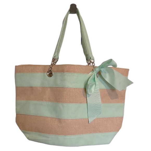ultra beauty Handbags - Ulta Beauty | Medium Purse Tote Beach Bag Mint & Cream Striped 7" x 9" x…